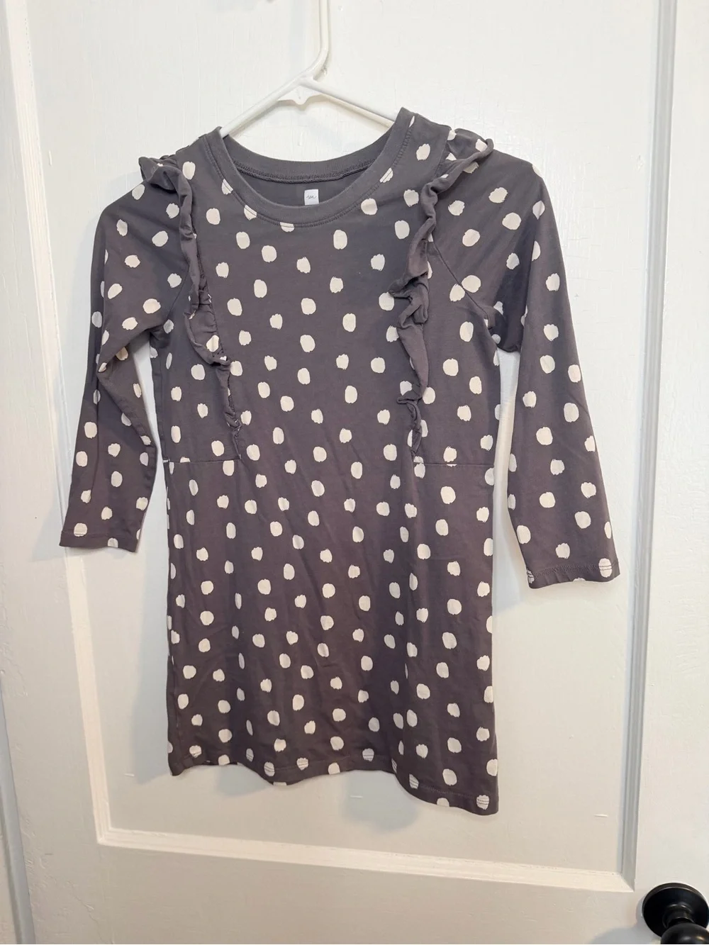 Tea Collection Gray Dress with White Polka Dots and Ruffle Detail
